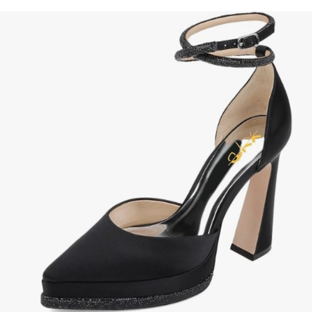 XYD Black Pointed Toe Platforms Crystal Ankle Wrap Strappy Block Heels Sandal